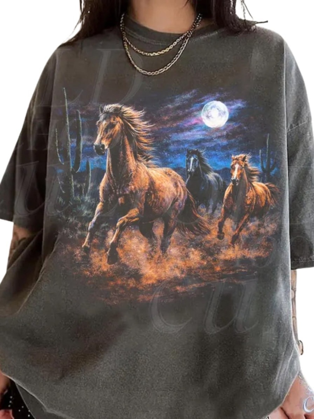 Comfort Colors pepper Graphic Horse Tee with Moonlit Desert Scene